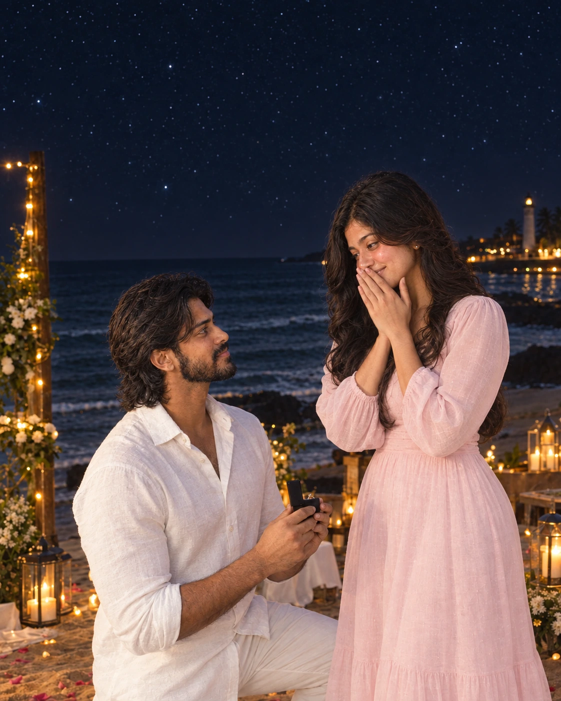 Dinusha proposing to Shenaya beneath the stars by the sea